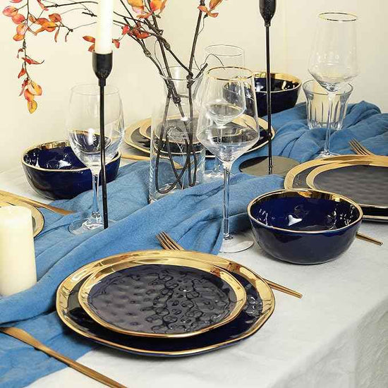 Stone Lain Florian Modern Porcelain Dish Set, 32-Piece Dishes for 8, Gold and Blue