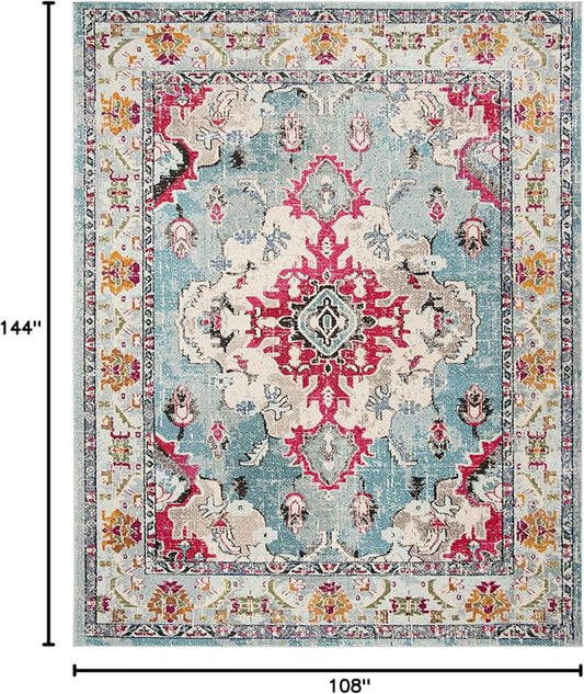 SAFAVIEH Monaco Collection Area Rug - 9' x 12', Light Blue & Fuchsia, Non-Shedding & Easy to Clean, Distressed Medallion Design, Ideal for Living Room, Bedroom, Dining Space (MNC243J)