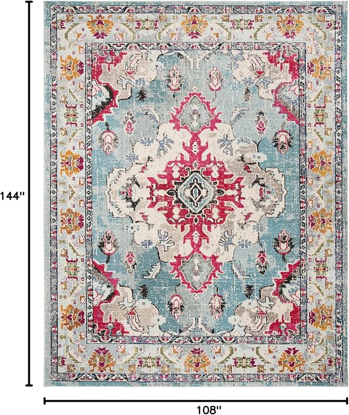 SAFAVIEH Monaco Collection Area Rug - 9' x 12', Light Blue & Fuchsia, Non-Shedding & Easy to Clean, Distressed Medallion Design, Ideal for Living Room, Bedroom, Dining Space (MNC243J)
