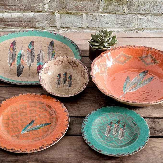 Paseo Road Tossed Feather 14 Piece Melamine Plastic Western Dinnerware Set, Orange Tan Brown Teal Aztec Tribal Print, Southwestern Rustic Dish Set with Plates, Bowls, Serving Dish