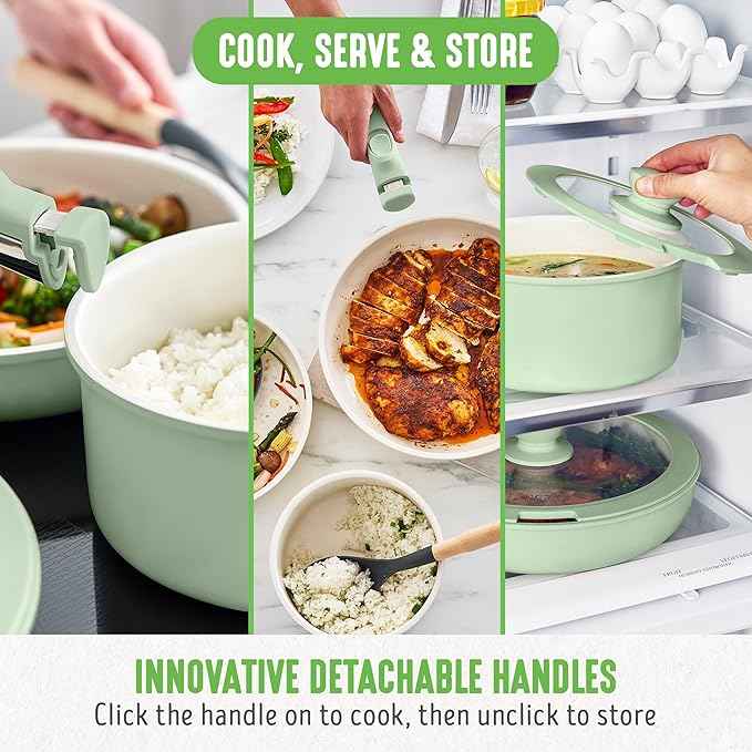 GreenLife 10 Piece Nonstick Pots & Pans Set, Detachable Handle & Stackable Cookware Set, Non Toxic PFAS-Free Skillets, Induction Kitchen Pans, Space Saving, Serving Bowls, Oven Safe, Sage Green
