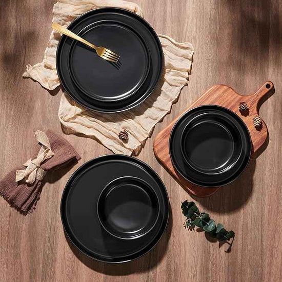 E-far Stoneware Dinnerware Sets for 6, 18-Piece Plates and Bowls Set, Modern Ceramic Dishes Dinning Ware, Microwave & Dishwasher Safe - Matte Black