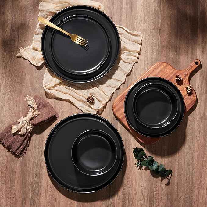 E-far Stoneware Dinnerware Sets for 2, 6-Piece Plates and Bowls Set, Modern Ceramic Dishes Dinning Ware, Microwave & Dishwasher Safe - Matte Black