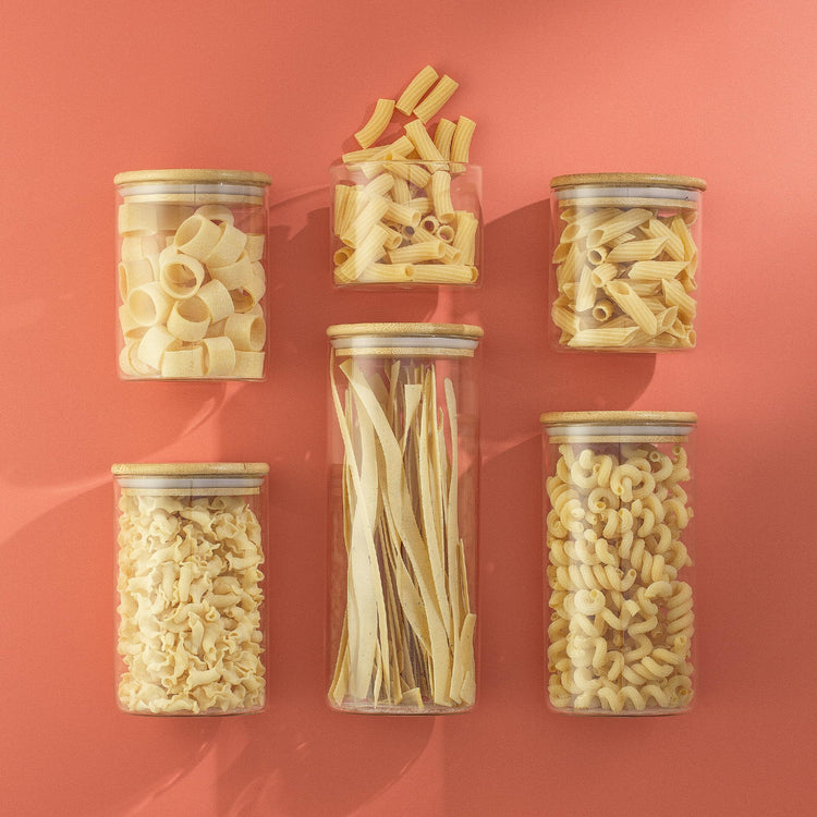 Borosilicate Glass Jars With Bamboo Lids. 6 Pc Set of Air Tight Sealable Containers. Food Jar Canisters with Airtight Lid for Pantry Storage and Kitchen Organization. (6 Count)