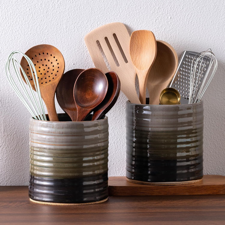 Utensil Holder 5.3" for Countertop, Ceramic Utensil Crocks for Kitchen Counter, Farmhouse Kitchen Décor Utensil Holder, Protection Cork Bottom