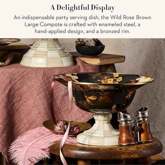 MACKENZIE-CHILDS Enamel Compote, Pedestal Serving Dish or Decorative Bowl, Large, Wild Rose Brown