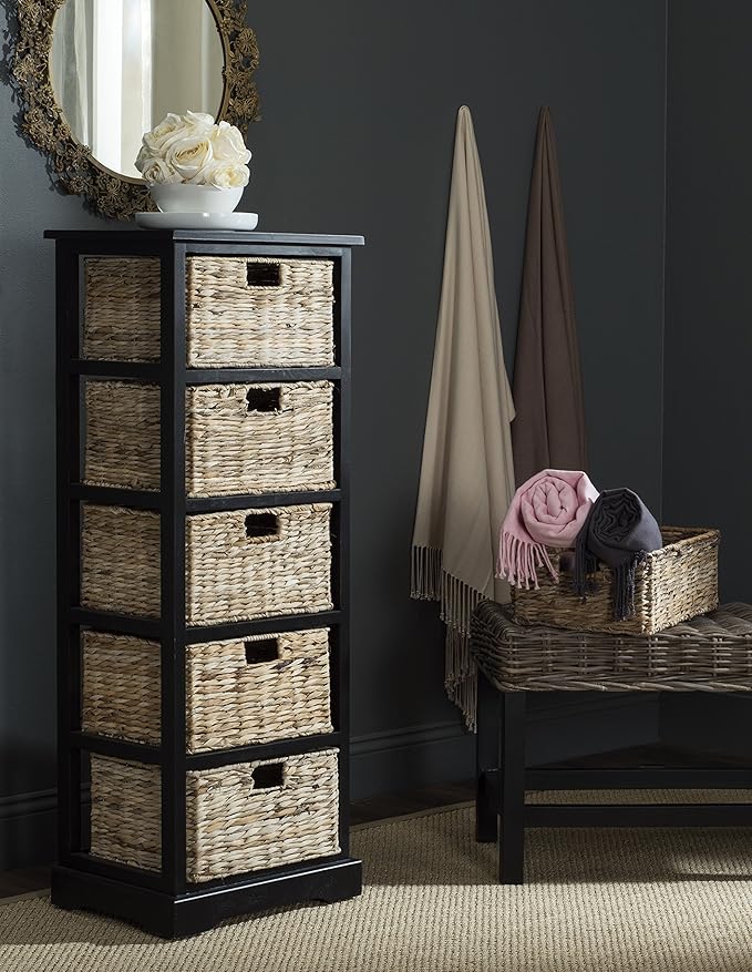 SAFAVIEH Home Collection Vedette Distressed Black 5-Drawer Wicker Basket Storage Tower (Fully Assembled)