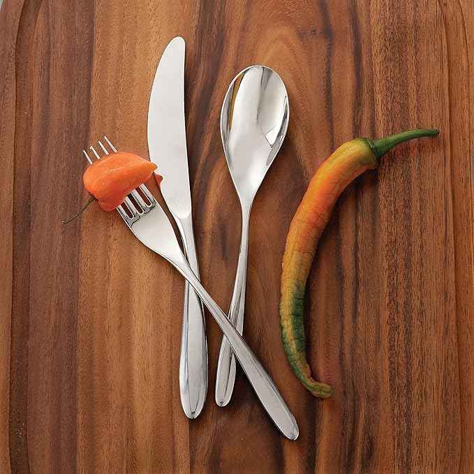 nambe Bend 45 Piece Flatware Set, 18/10 Mirror Stainless Steel Silverware Cutlery Set, Designed for Home Kitchens, Hotel, or Restaurants, Service for 5 and a 3pc Serving Utensil Set, Dishwasher Safe