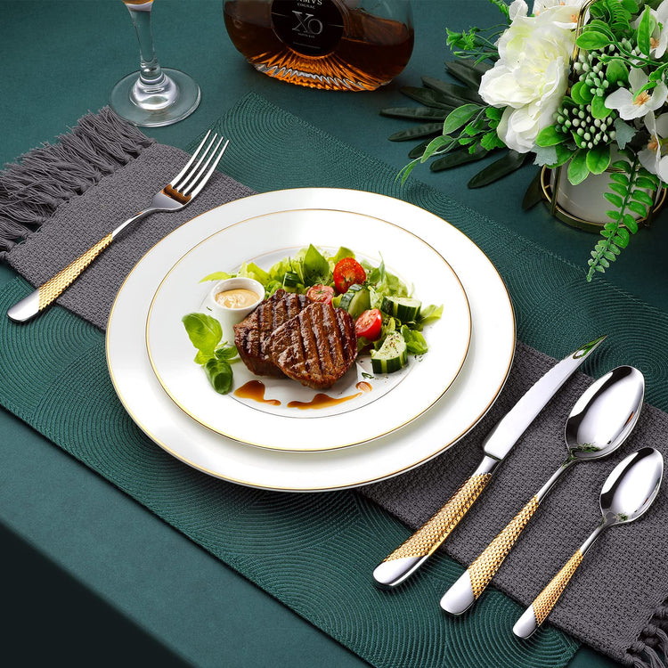 Hammered Silver Gold Silverware Set (24 Count)