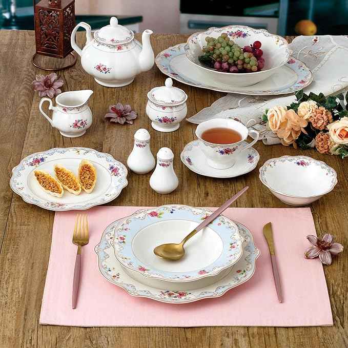 Joseph Sedgh Collection "Romantic Bloom" 57-Piece Bone China Dinnerware Set, Service for 8, Floral with Blue and Gold Trim