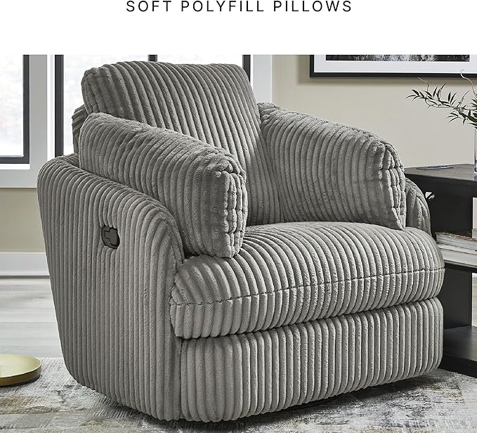 Signature Design by Ashley Tie-Breaker Swivel Glider Recliner, 2 Bolster Pillows, Hidden Storage, Fabric Upholstery, 41.38" W x 40.25" D x 39.75" H, Light Gray