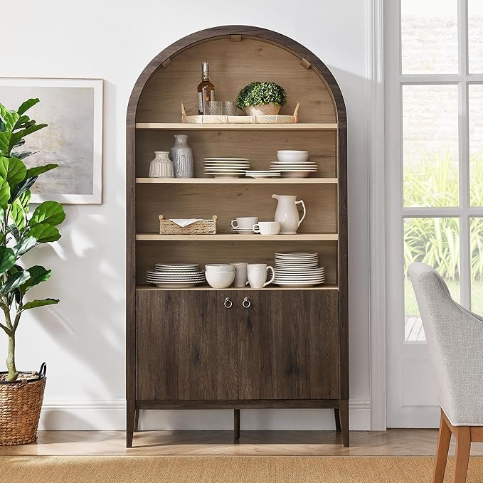 Modway Nolan Tall Arched Storage Display Cabinet in Dark Walnut - 74 Inch Arch Bookshelf with Open and Closed Shelving - Modern Accent Cabinet for Living Room, Dining Room