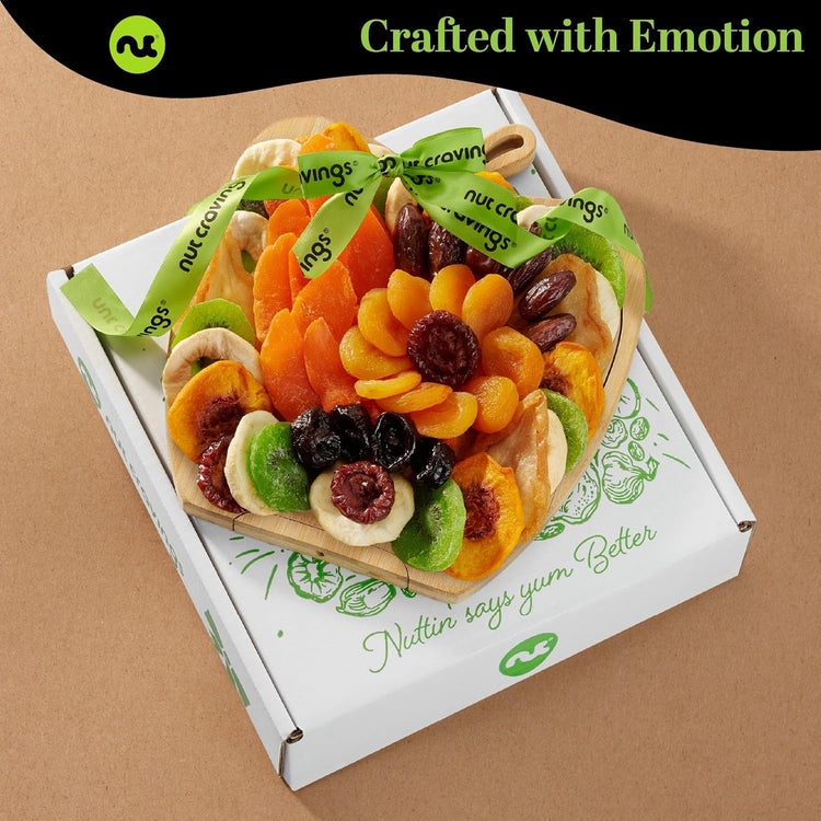 NUT CRAVINGS - Rosh Hashana & Shana Tova Dried Fruit Flower Arrangement in Wooden Apple-Shaped Gift Basket + Tray (9 Assortment) Healthy Snack Care Package, Food Assortments