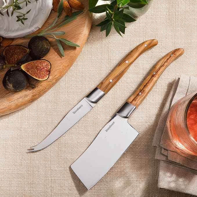 Bloomhouse 2-Piece German Steel Cheese Knife Set with Olive Wood Handles – Artisan Soft & Hard Cheese Knives for Charcuterie, Grazing Boards & Entertaining
