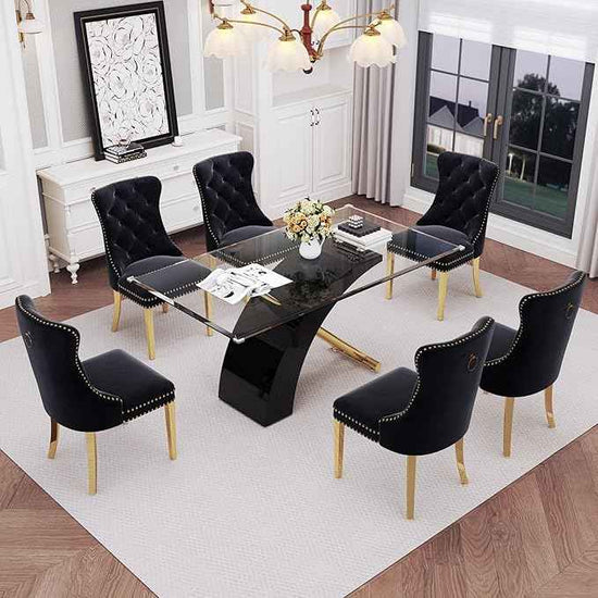 7 Piece Glass Dining Table Set for 6, 63" Modern Kitchen Table with 6 Black Velvet Chairs, Tempered Glass Tabletop with Black X-Shaped MDF Base, Modern Dining Room Set for Kitchen and Dining Room