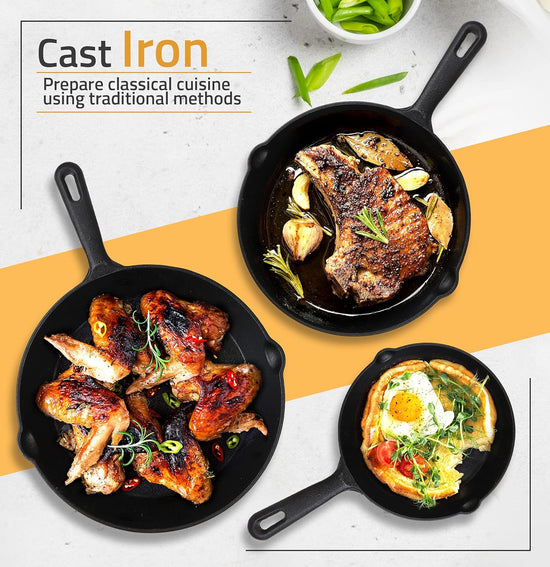 Utopia Kitchen Cast iron Skillets 3 Piece Set, Chefs Pan, Pre Seasoned Cast iron Skillets, 6, 8 & 10 Inches, Easy Use in the Oven, Stove, Grill, or Campfire, Black - Nestoria