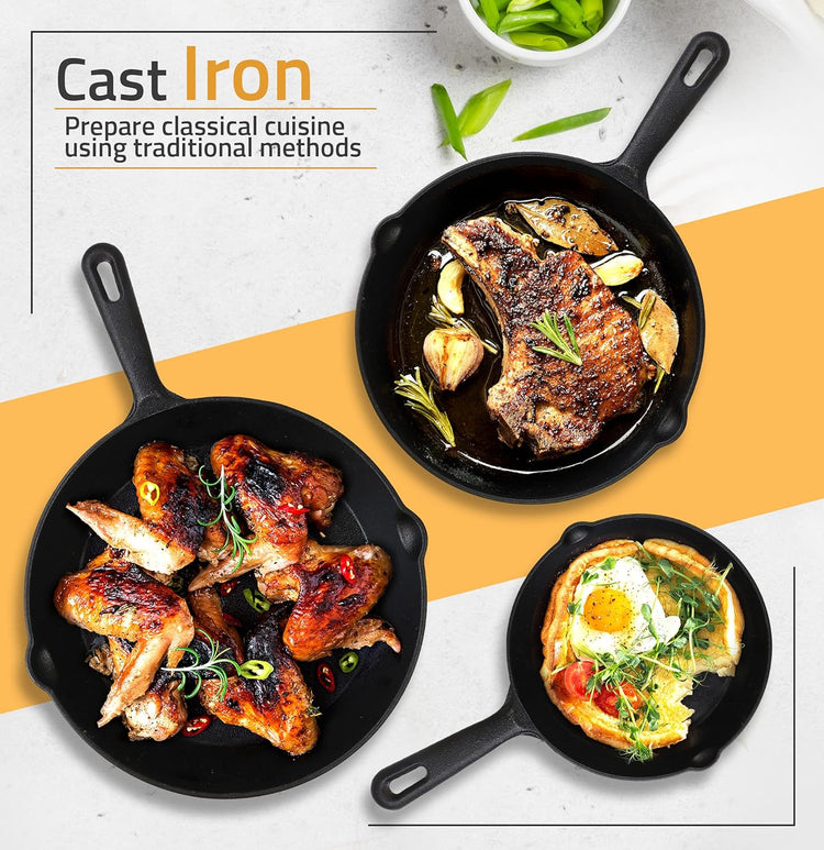 Utopia Kitchen Cast iron Skillets 3 Piece Set, Chefs Pan, Pre Seasoned Cast iron Skillets, 6, 8 & 10 Inches, Easy Use in the Oven, Stove, Grill, or Campfire, Black - Nestoria