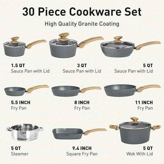 DishDelight Induction Pots and Pans Set Non Stick, 30 Piece Nonstick Kitchen Cookware Sets, Gray Cooking Pan Set, PFOA & PFOS Free