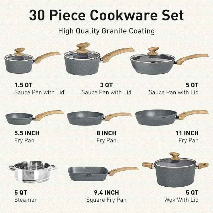 DishDelight Induction Pots and Pans Set Non Stick, 30 Piece Nonstick Kitchen Cookware Sets, Gray Cooking Pan Set, PFOA & PFOS Free