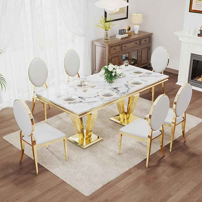 AF ARTISAN FURNITURE 7 Piece Luxury Dining Room Set, Modern Dining Table and Upholstered Chairs Set, Marble Kitchen Table Set for 6, Big Kitchen Dinner Tables Kit with Gold Base