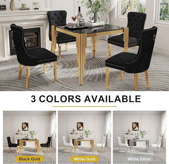 35'' Modern Square Glass Dining Table for 4 People,Black Tempered Glass Top Dining Room Table with Stainless Steel Base, Glass and Gold Dining Table for 4, Rectangle Dining Kitchen Table for Dinner