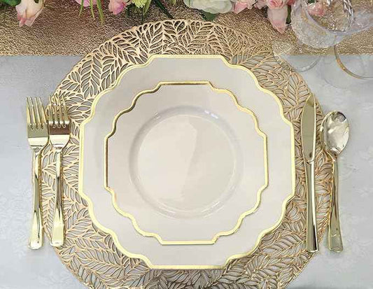 OCCASIONS 960 Piece Disposable Dinnerware Set for 120 Guests – Heavy Duty Plastic Plates, Gold Cutlery, Cups, Napkins – Elegant Party Plates for Wedding, Banquet, Events – Imperial Ivory & Gold