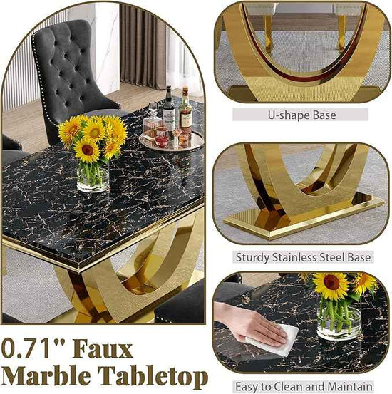 Marble Dining Table Set for 6,70" Black Faux Marble Kitchen Tables and Velvet Chairs for 6,7 Piece Luxury Dining Room Table Set and 6 Upholstered Chairs with Gold Stainless Steel Bases