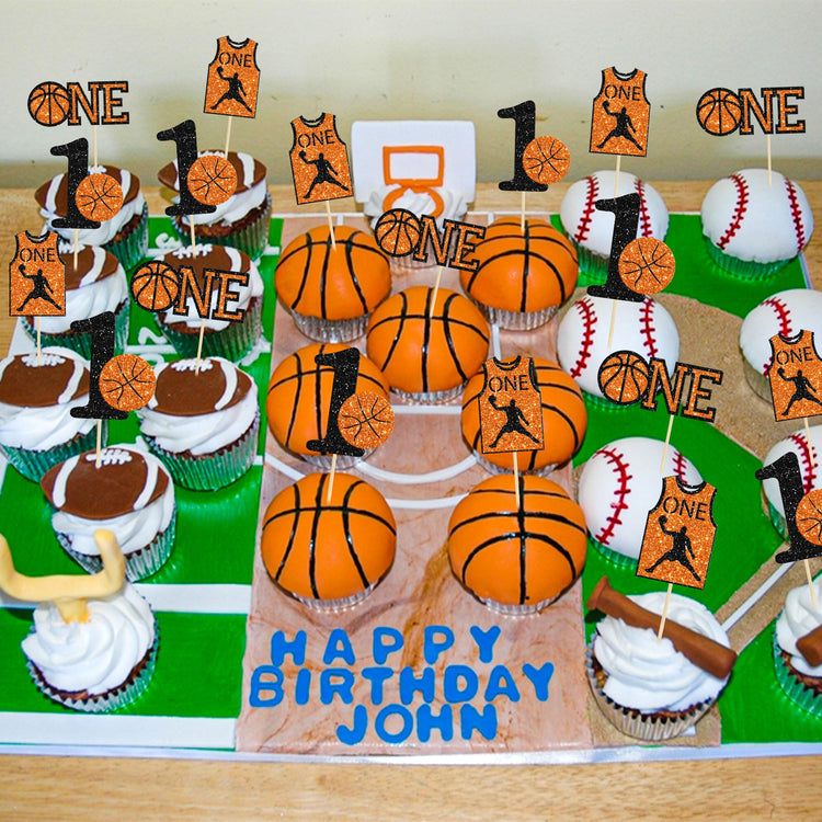 24Pcs Basketball One Cupcake Toppers Glitter Number 1 First Birthday Basketball Cupcake Picks for Sports Theme Baby Shower Kids 1st Birthday Party Cake Decorations Supplies (24 Count)