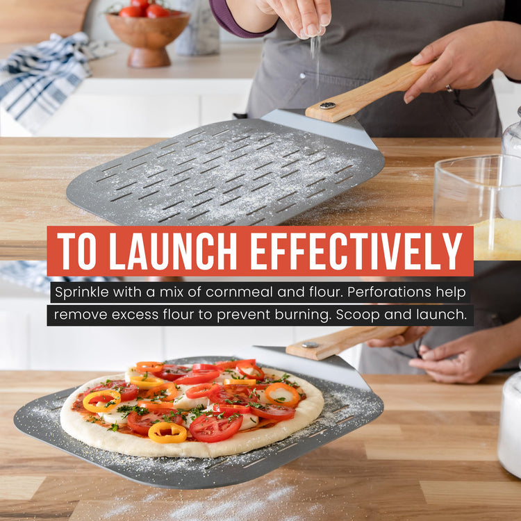 Perforated Aluminum Pizza Peel 12x14 in Foldable Wood Handle