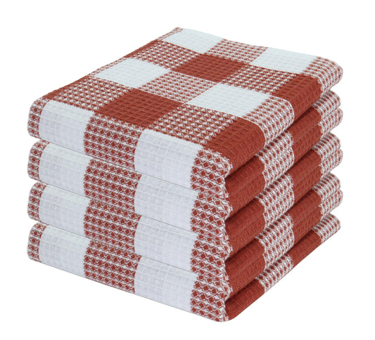 Rust 100% Cotton Waffle Weave Check Plaid Kitchen Towels