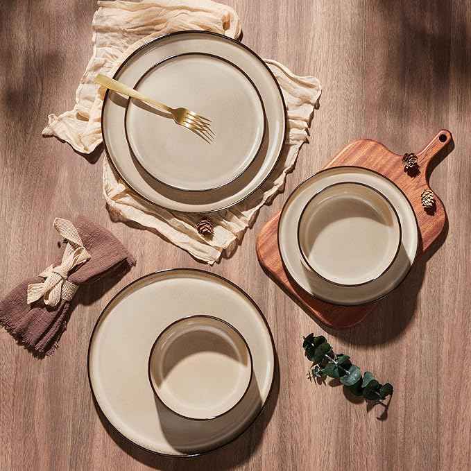 E-far 12-Piece Plates and Bowls Set, Stoneware Dinnerware Sets for 4, Reactive Glaze Ceramic Dinning Ware Dishes, Microwave & Dishwasher Safe - Sandy Beige