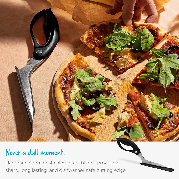 Scizza 2-In-1 Easy Ergonomic Pizza Scissors with Stainless Steel Pizza Cutter Blades & Non-Stick Slice Server - Red