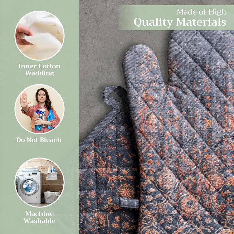 Maison d' Hermine 100% Cotton Oven Mitt & Pot Holder Set (7.5"x13" & 8"x8") Heat Resistant BBQ Cooking Gloves with Loop, Baking, Grilling, Kitchen, Handling Hot Pans (Imperfection)