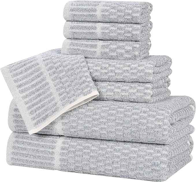 Superior Juno Viscose Cotton Blend Medium Weight Towels, for Bathroom, Shower, Spa, Plush, Quick Dry, Ultra-Soft Towels, Bath Essentials, Border Detail, 8 Piece Assorted Towel Set, Denim Blue