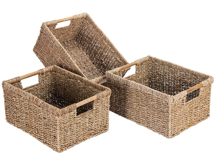 Large Wicker Basket Rectangular with Wooden Handles for Shelves (3 Count)