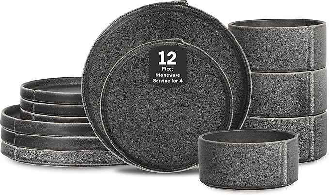 Stone Lain Bao 12-Piece Dinnerware Set Stoneware, Charcoal