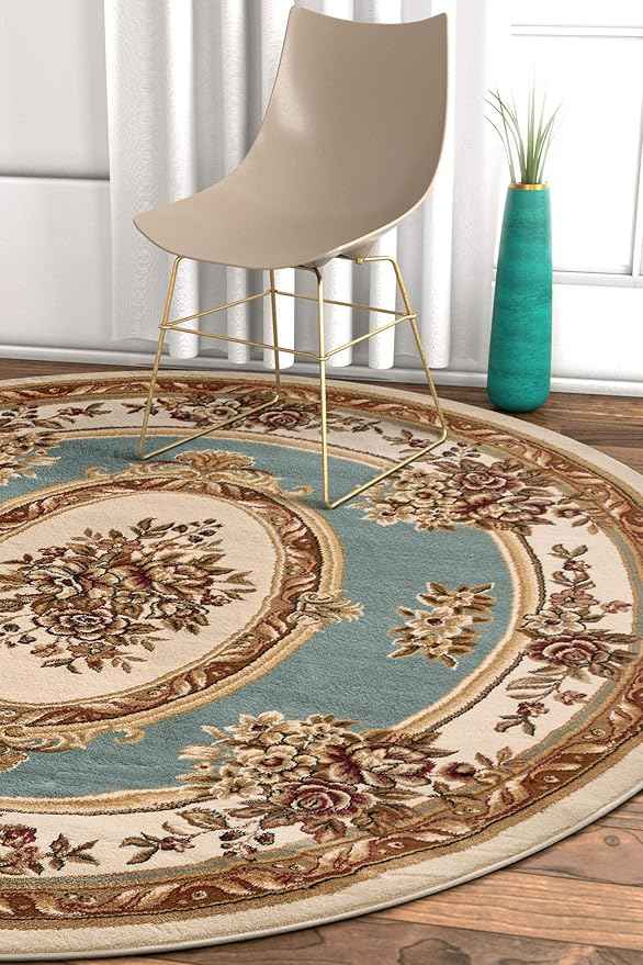 Well Woven Timeless Collection Le Petit Palais Light Blue 5' Foot Round Luxurious Traditional French Medallion Oriental Area Rug Perfect fLiving Room Bedroom Dining Room Easy-to-Clean Durable Design