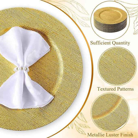 Tanlade 30 Pcs Charger Plates Bulk 13 Inch Plastic Texture Strip Wedding Chargers Floral Decorative Plates with Metallic Ruffled Rim for Wedding Party, Holiday Event Supplies(Gold)