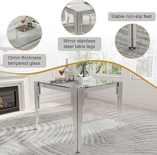 AF ARTISAN FURNITURE 37'' Square Glass Dining Table Set for 4, Kitchen Table Chairs Set of 4, Clear Silver Glass Dining Tables with Stainless Steel Legs, 4 Grey PU Dining Chairs, Living Room, Kitchen
