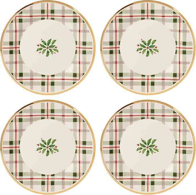 Lenox 894964 Holiday Plaid Accent Plates, Set of 4, Red & Green, Christmas Dinnerware, Hosting