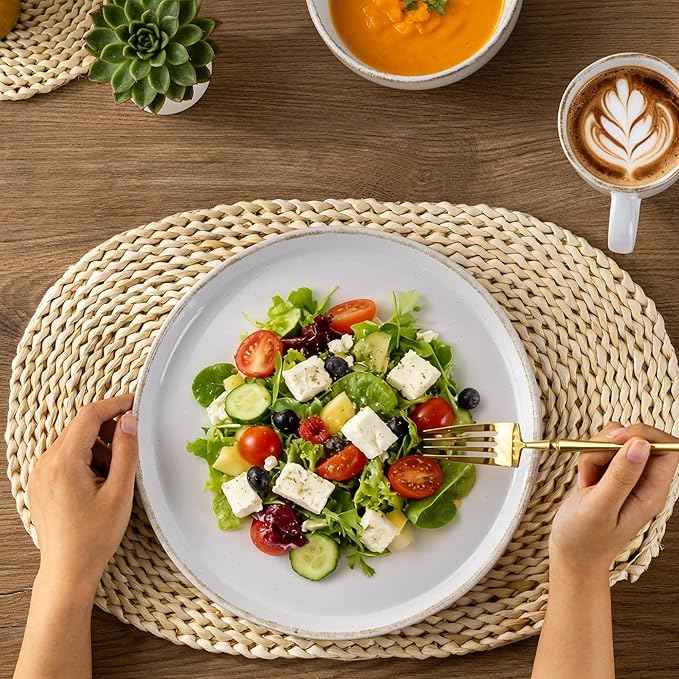 AmorArc Ceramic Dinnerware Sets for 4, 12 Pieces Handpainted Plates and Bowls Set with Rustic Terracotta Underside, Scratch Resistant Stoneware Dishes Set, Dishwasher & Microwave Safe, White