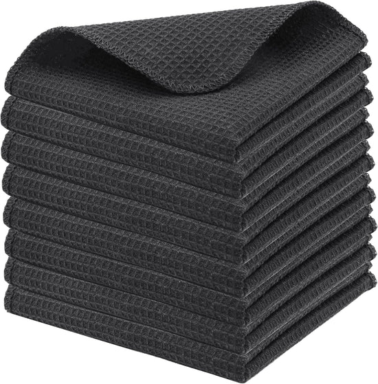 PurpleEssences Dish Cloths and Dish Rags - 8 Pack Waffle Weave Solid Kitchen Dish Wash Cloths, 100% Cotton, 12 x 12 Inches, Ultra Soft Absorbent Quick Drying - Spring Summer - Dark Grey - Nestoria