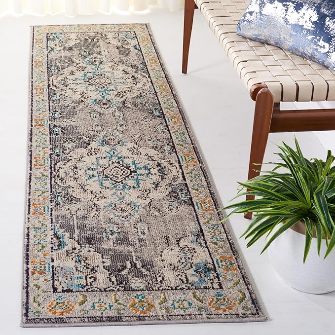 SAFAVIEH Monaco Collection Runner Rug - 2'2" x 22', Grey & Light Blue, Non-Shedding & Easy to Clean, Distressed Medallion Design, Ideal for Hallway, Foyer, Entryway, Kitchen, Bedroom (MNC243G)