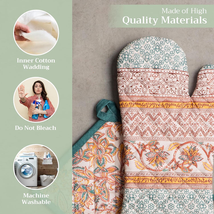 Maison d' Hermine 100% Cotton Oven Mitt & Pot Holder Set (7.5"x13" & 8"x8") Heat Resistant BBQ Cooking Gloves with Loop, Baking, Grilling, Kitchen, Handling Hot Pans (Nila)