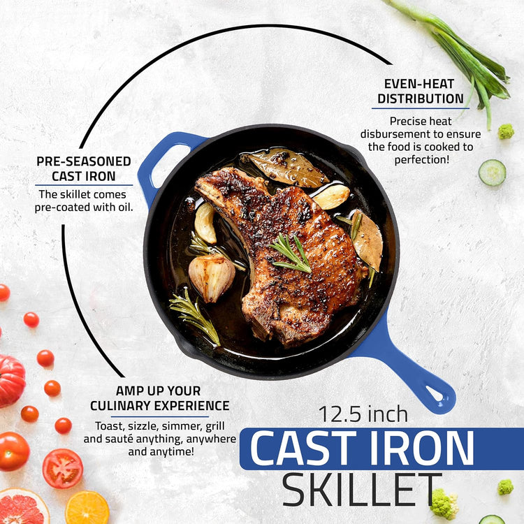 Utopia Kitchen Saute Frying Pan 12 Inch, Cast Iron Chefs Pan, Pre Seasoned Cast iron Skillet With Lid, Safe Grill Cookware for Indoor & Outdoor Use, Blue - Nestoria