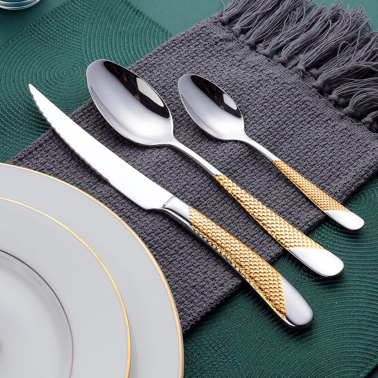 Hammered Silver Gold Silverware Set (24 Count)