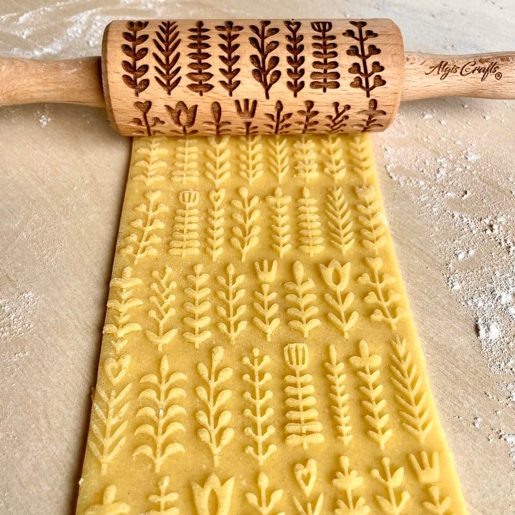 GARDEN BLOSSOMS 3 Small Size Embossed Rolling Pin Set. Wooden Laser Engraved Embossing Dough Roller for Embossed Cookies Gift for Birthday