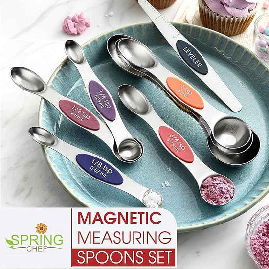 Spring Chef Stainless Steel Magnetic Measuring Spoons Set of 8 with Leveler, Nesting Teaspoon & Tablespoon Measuring Spoons, Kitchen Gadgets for Baking & Cooking, Fits in Spice Jars - Mountain Sunrise