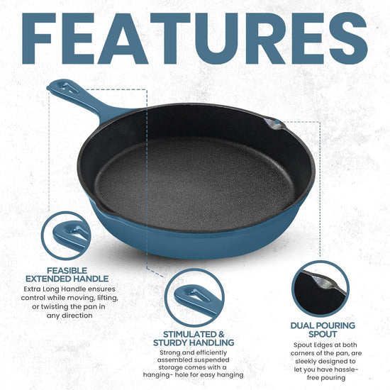 Utopia Kitchen Cast Iron Frying Pan 8 Inch, Cast Iron Chefs Pan, Pre Seasoned Skillet, Safe Grill Cookware for Indoor & Outdoor Use, Teal - Nestoria