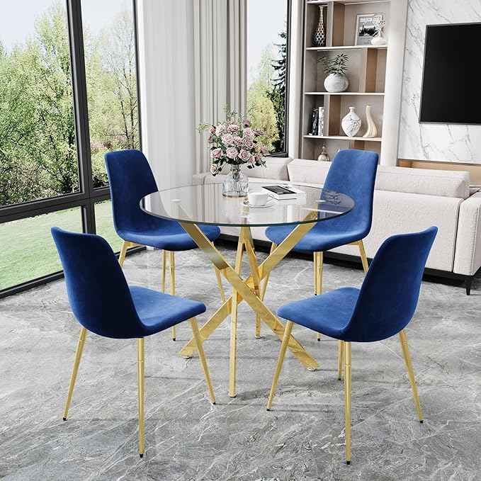 AF ARTISAN FURNITURE 36" Round Glass Dining Table Set for 4, 5-Piece Modern Kitchen Tables with 4 Blue Velvet Chairs, Modern Circle Leisure Table for Home Office Dining Room Small Spaces (Gold Leg)